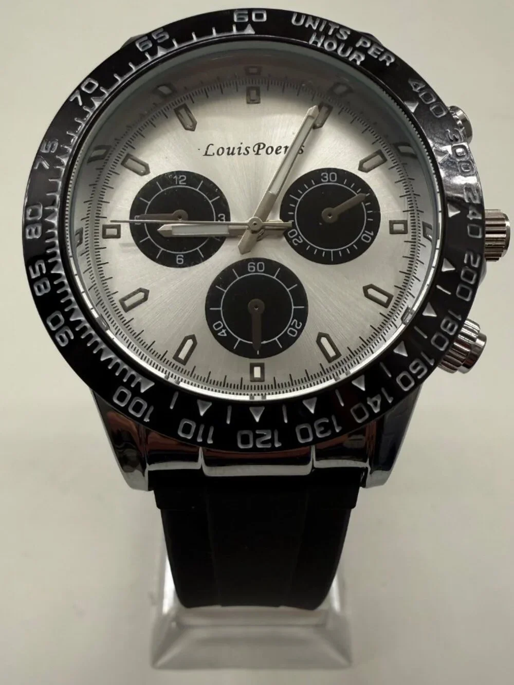 LOUIS POEMS MENS BLACK SILVER 42MM RUBBER BAND WATCH NEW